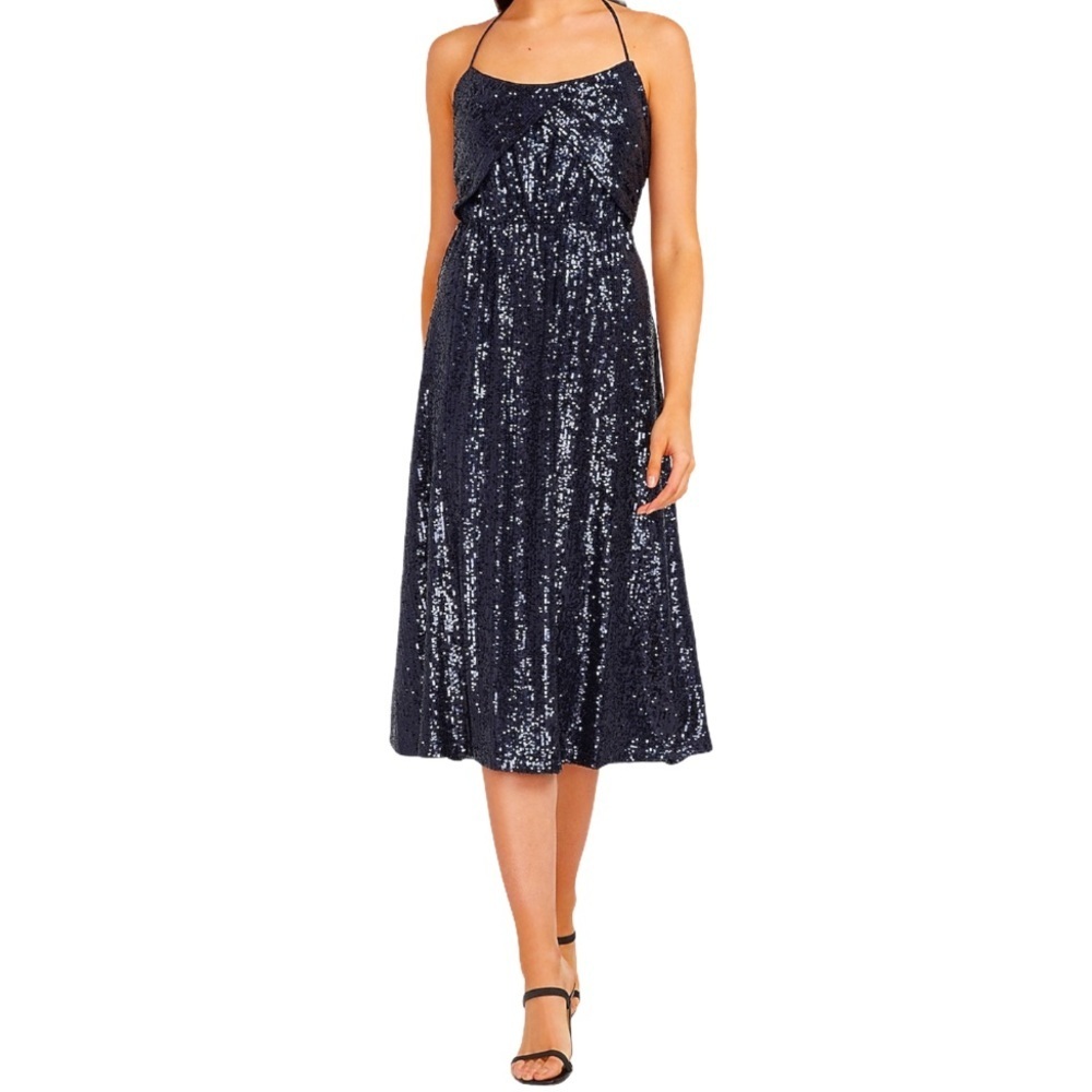 EXPRESS Navy Blue Sequin Tie Neck Halter Midi Dress M NWT
